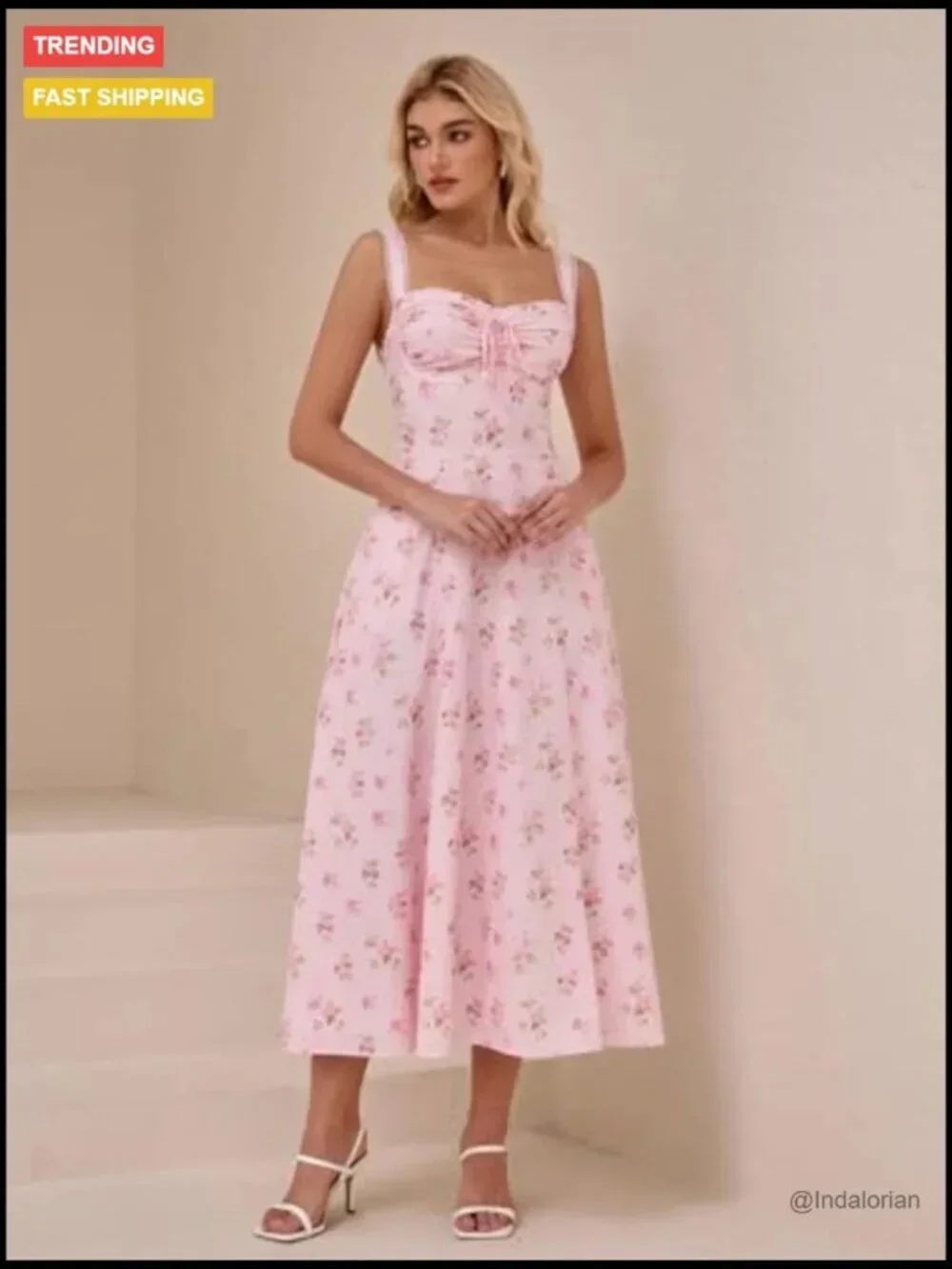 Floral Corset Midi Dress Lace Up Flowy Summer Wedding Guest Dress with Pockets